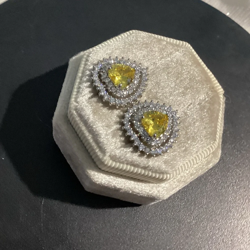 💛 Gorgeous Canary Yellow Heart shaped Studs with Sparkling Double Halo